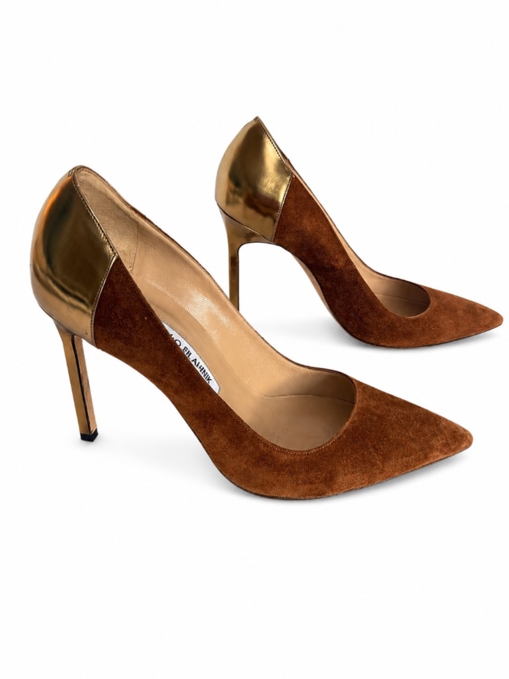 Manolo Blahnik Brown Suede Gold Metallic Pointed Toe Pumps Size 37